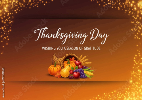 Thanksgiving Day Cornucopia with a Bountiful Harvest on a Sparkling Background