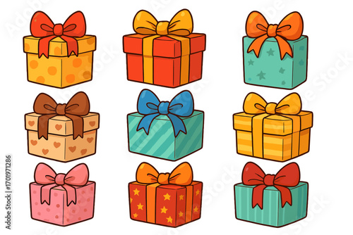 Gift box vector set. Collection of cartoon presents with bows for birthday, Christmas, or anniversary. Surprise package icon for celebration design. Isolated wrapped gift boxes.