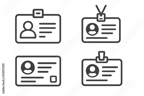 ID card icon set. Vector line art of identification badges. Minimalist design for employee, press, or visitor pass. Security access symbol collection. Identity document.