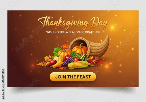 Thanksgiving Day Cornucopia with Pumpkins, a Bountiful Harvest and Fall Leaves