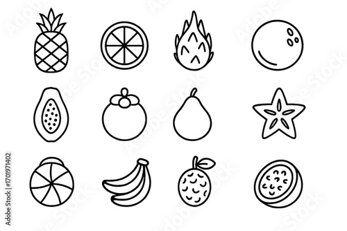 Exotic fruit outline icon set. Tropical fruits linear icons collection. Vector cartoon symbols for healthy food, summer design. Pineapple, papaya, dragon fruit, passion fruit.