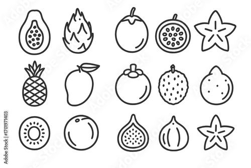 Exotic fruit outline icon set. Tropical fresh food linear collection. Papaya, dragon fruit, mango, passion fruit, pineapple, carambola. Healthy summer diet vector symbols.