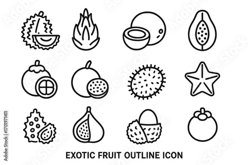 Exotic fruits outline icon set. Vector linear collection of tropical fruit symbols like durian, dragon fruit, papaya, passion fruit, mangosteen, star fruit for web design.