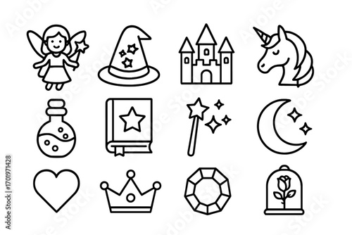 Fantasy fairy tale outline icon set. Magical symbols with unicorn, castle, fairy, magic wand, potion, and wizard hat. Enchanted kingdom vector line art for storybooks.