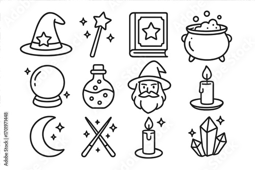 Fantasy and magic icon set. Enchantment, spells, sorcery icons linear collection. Vector symbols of wizard, wand, spellbook, cauldron, potion, crystal ball, moon.