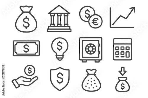 Finance & banking line icon set. Collection of money, investment, currency symbols. Vector icons of bank, safe, money bag, growth chart for business & financial concepts.
