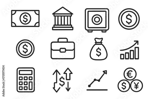 Vector line icon set for finance and banking. Thin outline symbols for money, investment, currency, and savings. Includes profit chart, bank, safe, and calculator for business.