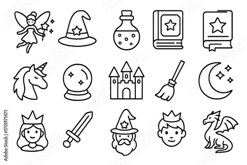 Fantasy fairy tale outline icon set. Magical enchanted symbols line collection. Vector cartoon illustration with fairy, wizard, unicorn, dragon, castle, potion, spellbook icons.