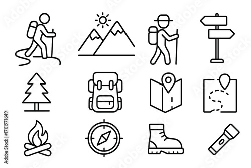 Hiking and outdoor linear icon set, trail adventure exploration symbols, mountain backpacker map signpost campfire compass boot flashlight vector collection with transparent background