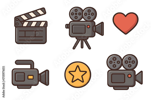 Film production icons set including clapperboard, vintage and modern movie cameras, love heart and star symbol, entertainment concept, cartoon vector illustration, transparent background
