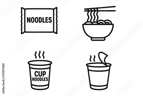 Instant noodles outline icon set, convenience food, ramen cup noodles vector illustration, cartoon style, transparent background, food icons collection, quick meal concept