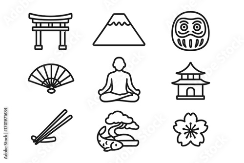 Japanese culture icon set, traditional symbols, Zen meditation, Mount Fuji, Daruma doll, folding fan, temple, chopsticks, bonsai, koi fish, cherry blossom vector outline collection