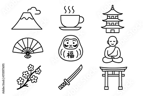 Japanese culture icon set with traditional symbols, zen meditation, sakura branch, samurai sword, cherry blossoms, pagoda, torii gate, daruma doll, fan, and steaming tea cup vector cartoon collection