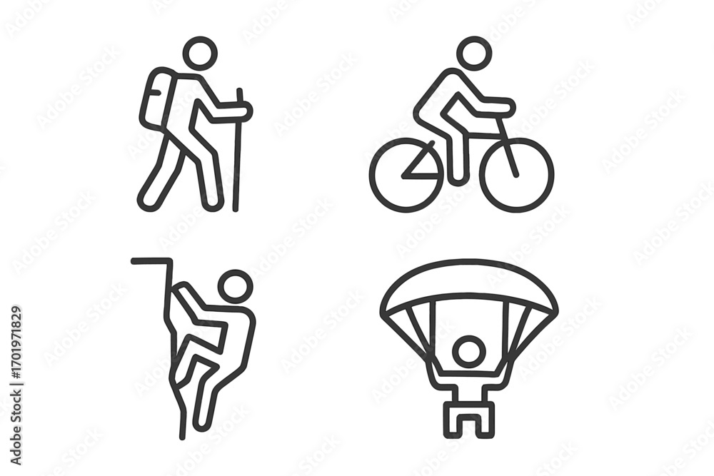 Obraz premium Outdoor activities line icon set hiking biking extreme sports linear collection vector cartoon illustration transparent background ordered set