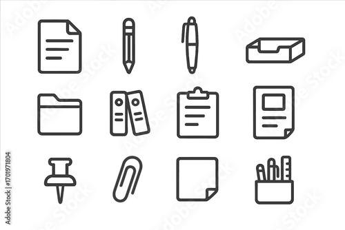 Office essentials icon set, minimalist outline stationery and organization icons, vector cartoon illustration transparent background, ordered collection of office supplies and tools icons