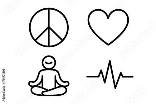 Peace and love heart line icon set, mindfulness meditation symbols collection, outline vector illustration, calm wellness, mental health, yoga and relaxation concept