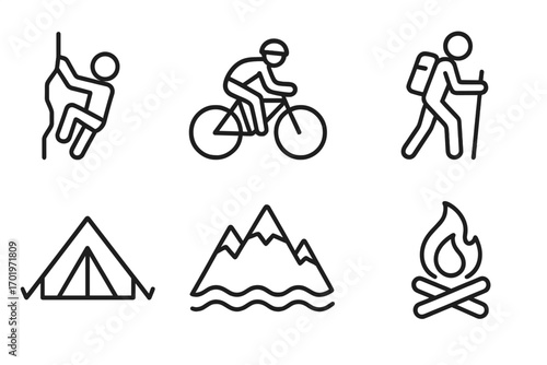 Outdoor adventure linear icon set with climbing, biking, hiking, camping, mountain landscape, and campfire symbols. Vector cartoon illustration for travel, nature, and sports.