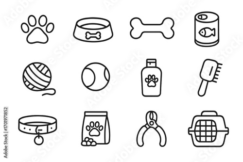 Pet essentials outline icon set, pet toys, feeding bowls, grooming tools, care accessories, collar, carrier, pet food, nail clippers, yarn ball, tennis ball, vector cartoon illustration