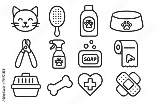Pet care outline icon set with grooming tools, hygiene essentials, veterinary symbols, pet accessories, animal health and wellness vector cartoon illustration for pet owners and veterinarians