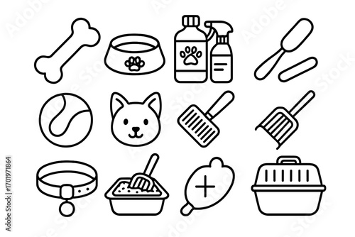 Pet essentials outline icon set with toys, feeding bowls, grooming tools, hygiene supplies, collar, litter box, carrier, and health care symbols in clean line style vector