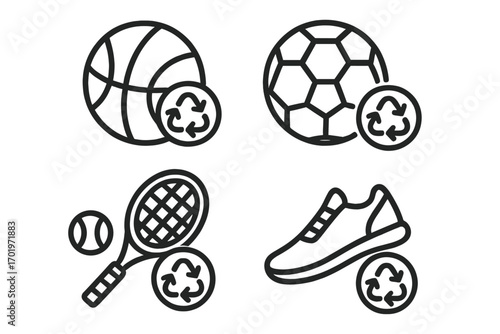 Recycling sports equipment icon set with basketball, soccer ball, tennis racket, and sneaker line icons representing sustainability and eco-friendly gear concept