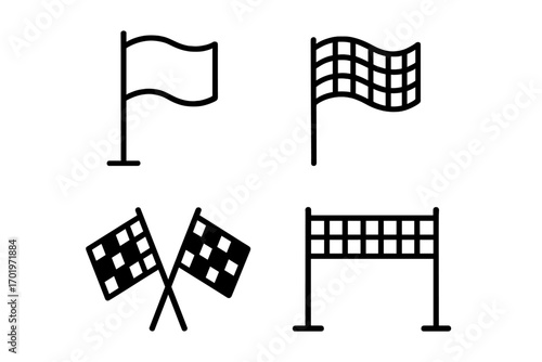 Racing flags line icon set, motorsport finish line symbols in linear style, vector cartoon illustration with checkered flag, race finish banners, transparent background