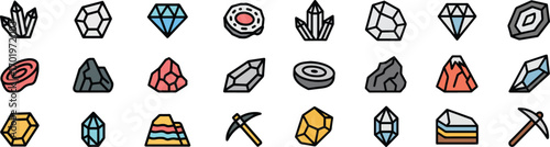 rocks and minerals icons set. geology, crystals, earth science, natural elements. vector illustration	