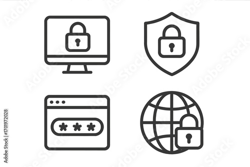 Simple line icons representing online security data protection digital safety cybersecurity concepts vector illustration set with computer, shield, password, and globe lock symbols