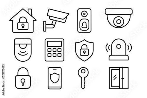 Smart home security outline icon set, home automation devices, surveillance cameras, keypad alarm system, motion sensor, smartphone protection, smart lock key, security shield vector collection