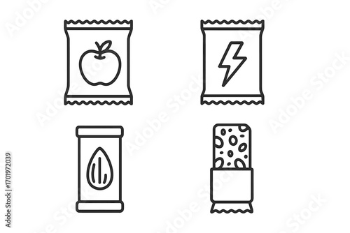 Snack packaging line icon set with healthy fruit, energy bolt, nut bar, and granola bar. Vector cartoon illustration collection of nutritious, natural, protein, and energy snacks for product design