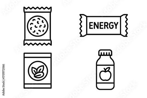 Snack packaging line icon set, healthy energy snacks, natural food branding, organic bars, drinks, vegan cookies, nutrition bar vector collection, transparent background