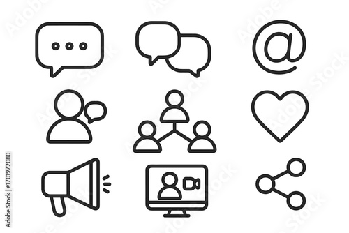 Social and communication icon set with outline style, digital interaction tools vector illustration, chat bubbles, network, love, video call, and sharing symbols on transparent background