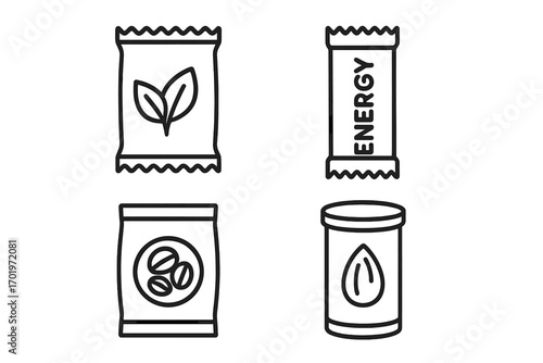 Snack packaging line icon set with healthy and energy snack wrappers, vector cartoon illustration with transparent background, ordered set of four snack food icons