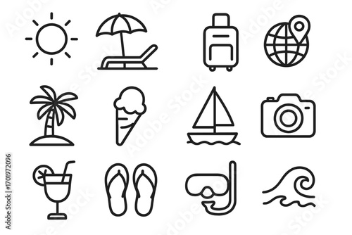 Summer beach travel icons set, vacation relaxation, holiday fun cartoon line art illustrations, sun, palm tree, suitcase, sailboat, camera, snorkeling gear, flip flops, ice cream, cocktail, waves