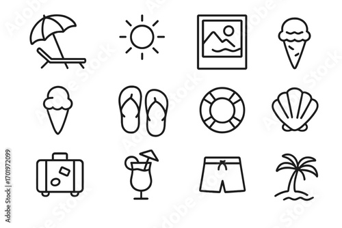 Summer beach travel icons set, vacation relaxation vector line art, fun leisure symbols, flip flops, cocktail, palm tree, ice cream, suitcase, swim shorts, lifebuoy, seashell, sun, holiday collection