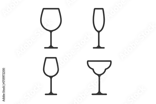 Elegant stylish wine and champagne glasses line icon set, transparent background, vector minimalist glassware collection, cocktail drinkware silhouettes, bar and party design elements