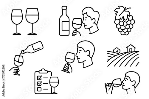 Wine tasting outline icon set with glasses, grapevines, vineyard landscape, wine pouring, tasting activities, checklist, and person savoring wine, vector cartoon illustration