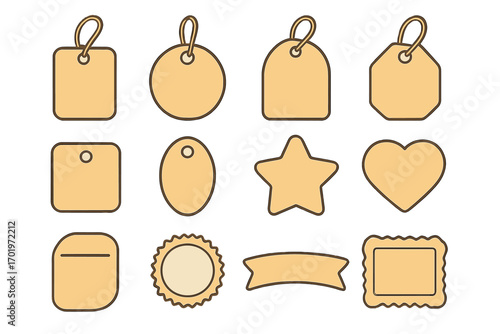 Various tag and label vector set with simple shapes and designs for organization, decoration, price tags, name labels, star, heart, circle, oval, banner, and blank templates