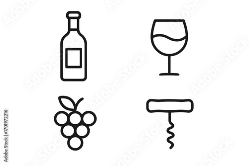 Wine and bar outline icon set featuring bottle, glass, corkscrew, and grapes in line style, vector cartoon illustration with transparent background, ordered set design elements for drink lovers