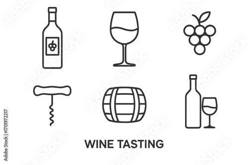 Wine tasting outline icon set, minimalist elegant beverage collection, vector cartoon illustration with transparent background, grape cluster, wine glass, bottle, barrel, corkscrew design