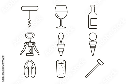 Wine accessories icon set, linear style vector illustration for winery, bar, alcohol, drinking tools collection, corkscrew, bottle opener, wine glass, stopper, cocktail stirrer, transparent background