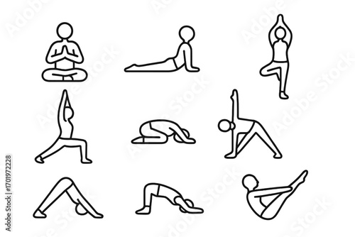 Outline yoga poses icon set, asana exercises, fitness and wellness line illustrations collection, meditative stretching, workout body flexibility vector cartoon transparent background