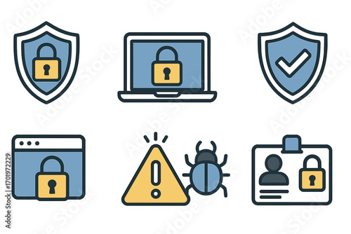 Minimalist cybersecurity icons set with padlock shield, laptop security, browser protection, bug alert, ID card lock, and safety checkmark vector illustration