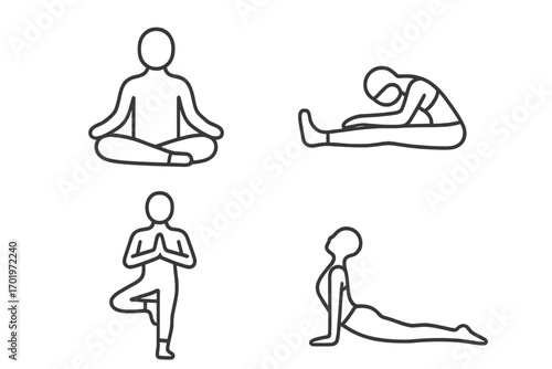 Yoga pose outline icon set, meditation, fitness, relaxation line art, vector cartoon illustration, transparent background, ordered set of 4, wellness, mindfulness, stretching, exercise