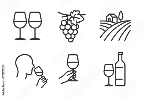 Wine tasting outline icon set with glasses, grapevine, vineyard landscape, tasting activities, wine bottle, and hand holding glass, vector cartoon illustration, transparent background