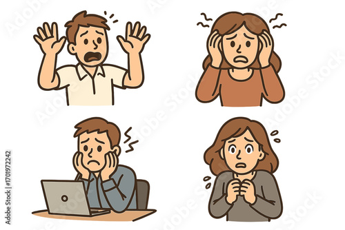 Various expressions of fear and anxiety, stress and concern emotions, worried and scared characters in different scenarios, vector cartoon illustration, emotional mental health concept
