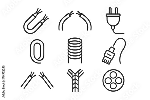 Wire and cable line icon set, electrical connection symbols in outline style, vector cartoon illustration with transparent background, ordered electrical wiring icons, set 2