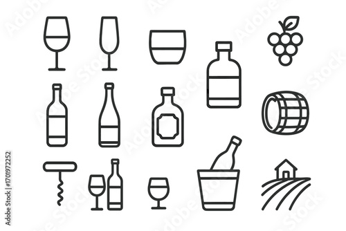 Wine and spirits line icon set with glasses, bottles, grapevine, corkscrew, barrel, vineyard house, and wine cooler vector collection, transparent background