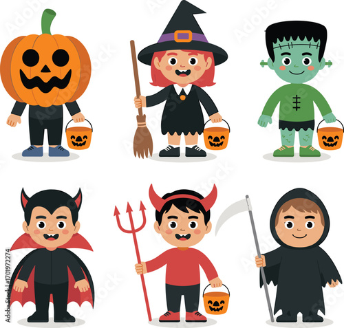 Cute Halloween kids in costumes with pumpkin bucket, trick or treat characters vector, spooky fun, children dressed for party