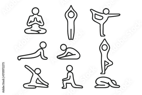 Yoga poses outline icon set, meditation exercise stretch symbols collection, vector cartoon illustration with transparent background, wellness fitness silhouette designs